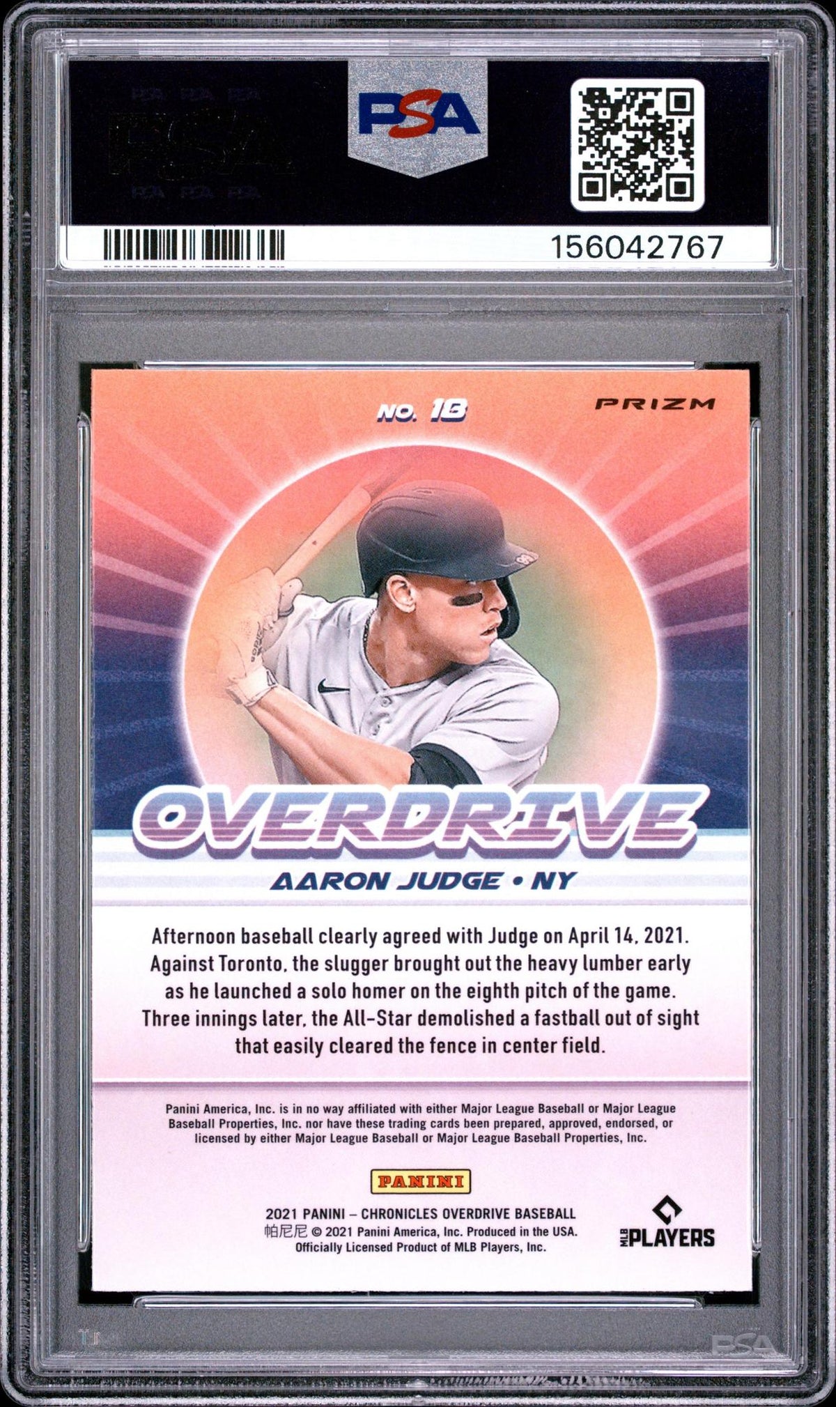 2021 PANINI CHRONICLES OVERDRIVE 18 AARON JUDGE PURPLE VELOCITY PSA 10