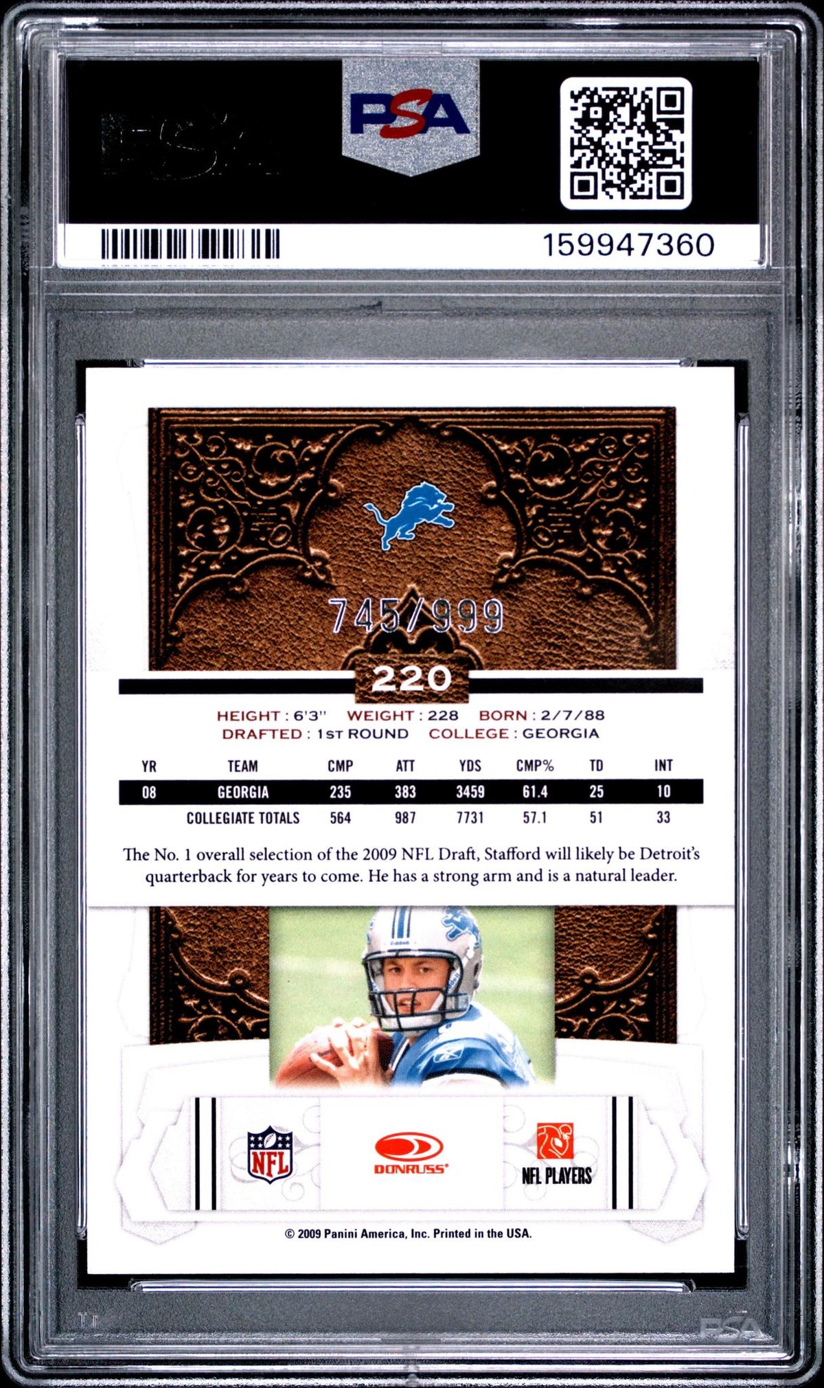 2009 DONRUSS CLASSICS 220 MATTHEW STAFFORD PSA 10