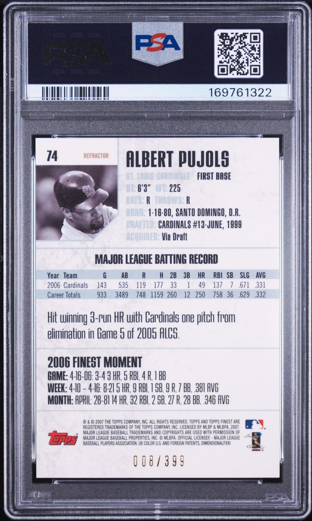 2007 FINEST 74 ALBERT PUJOLS BLUE REFRACTOR PSA 10