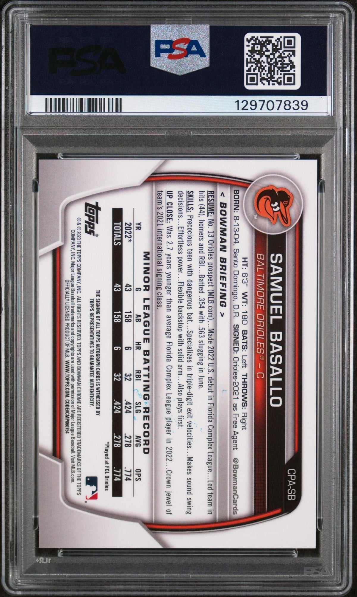2023 BOWMAN CHROME PROSPECT AUTOGRAPHS CPASB SAMUEL BASALLO PSA 10
