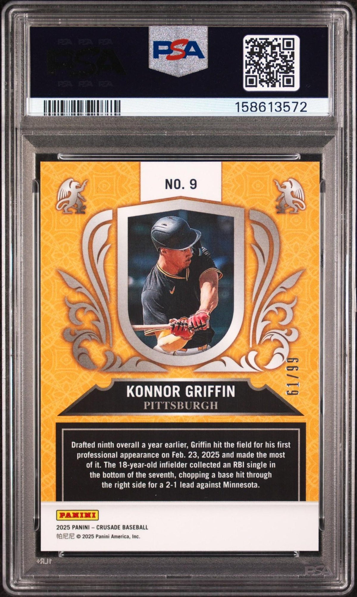 2025 PANINI CRUSADE CRUSADE INSERTS 9 KONNOR GRIFFIN PURPLE PSA 10