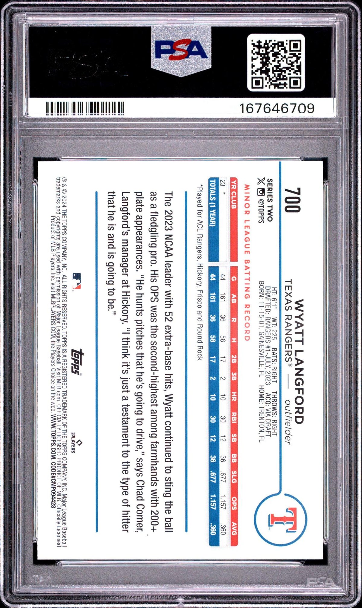 2024 TOPPS 700 WYATT LANGFORD SP PSA 10