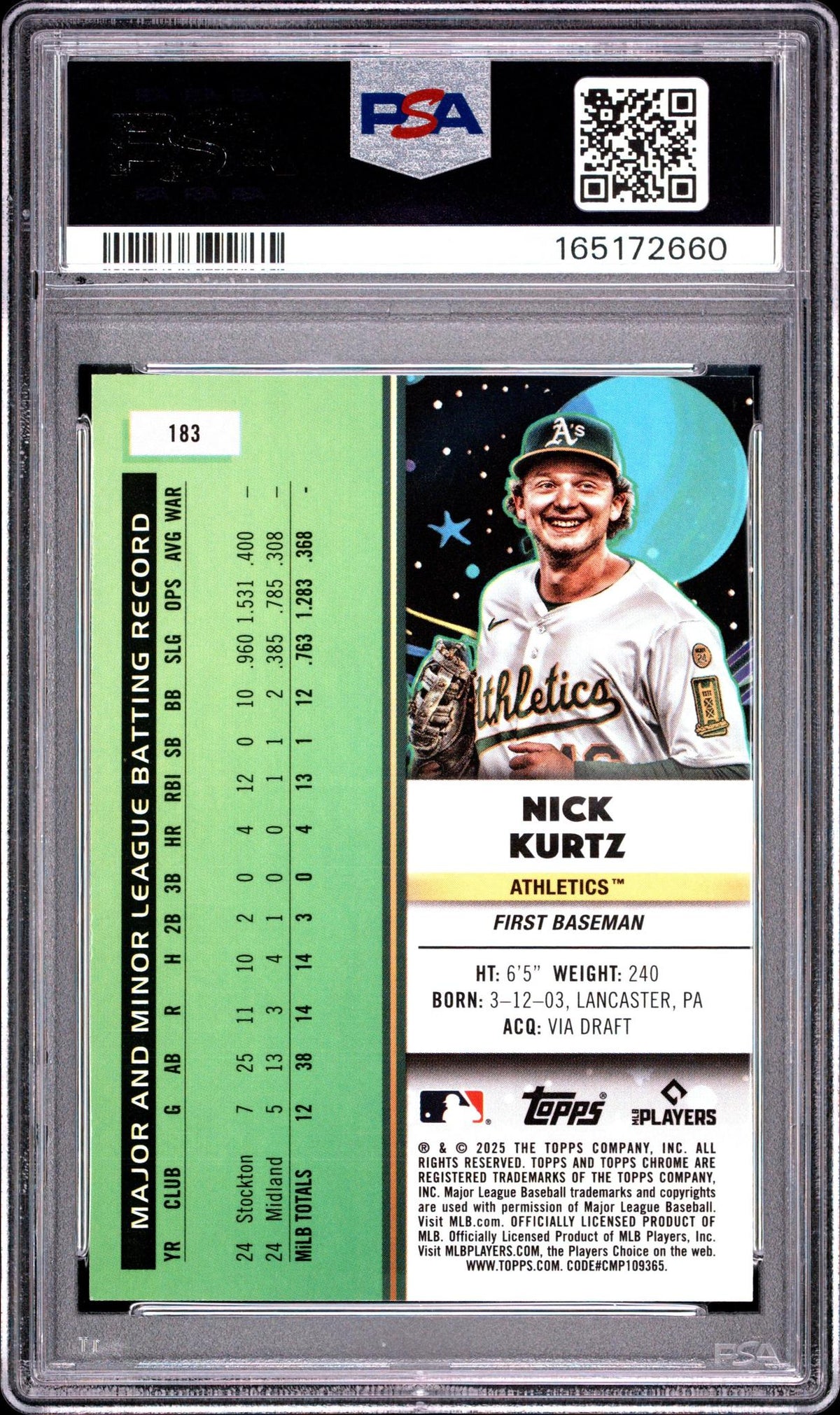 2025 TOPPS COSMIC CHROME 183 NICK KURTZ NUCLEUS PSA 10