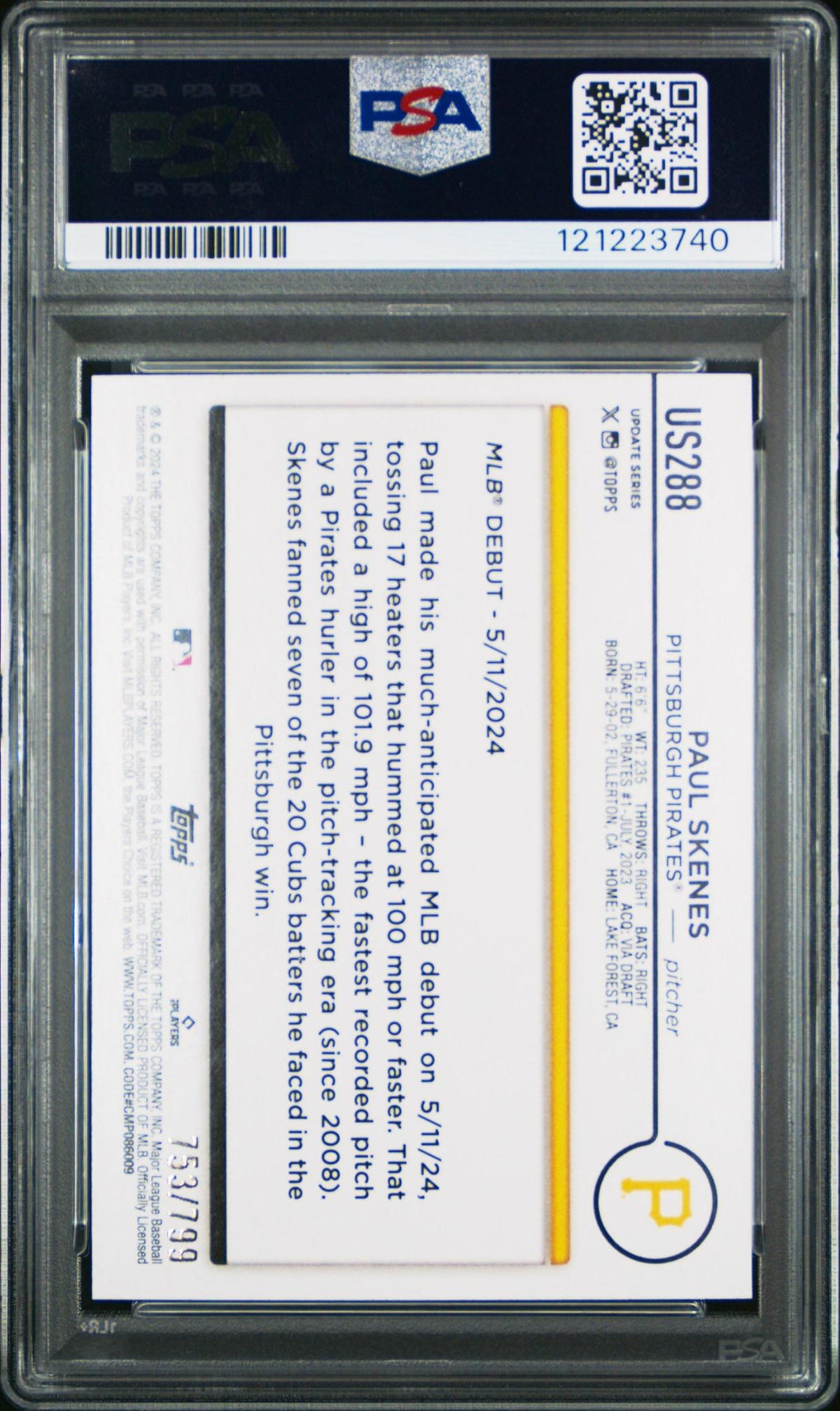 2024 TOPPS UPDATE US288 PAUL SKENES PURPLE HOLO FOILBOARD PSA 10