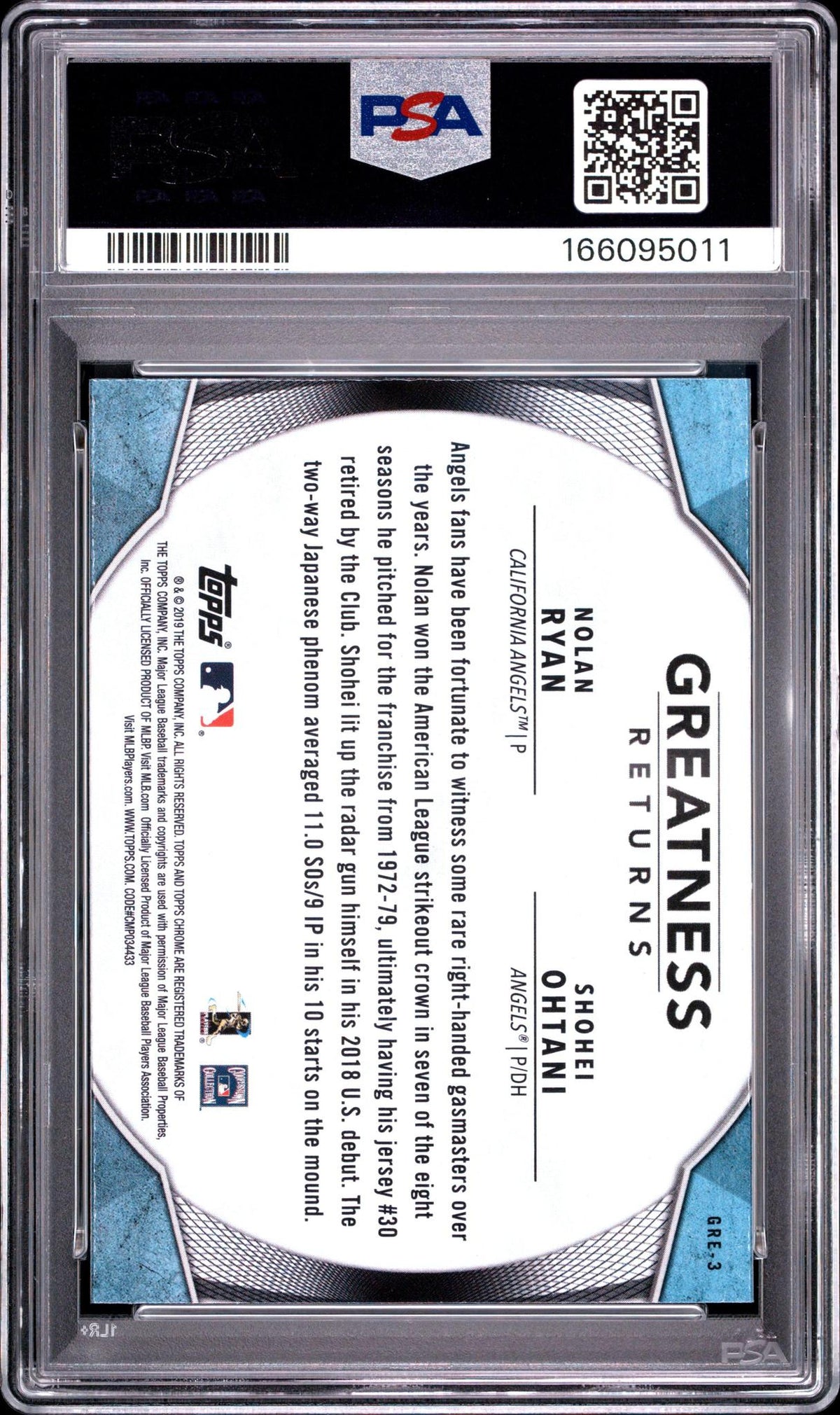 2019 TOPPS CHROME GREATNESS RETURNS GRE3 NOLAN RYAN/SHOHEI OHTANI PSA 10