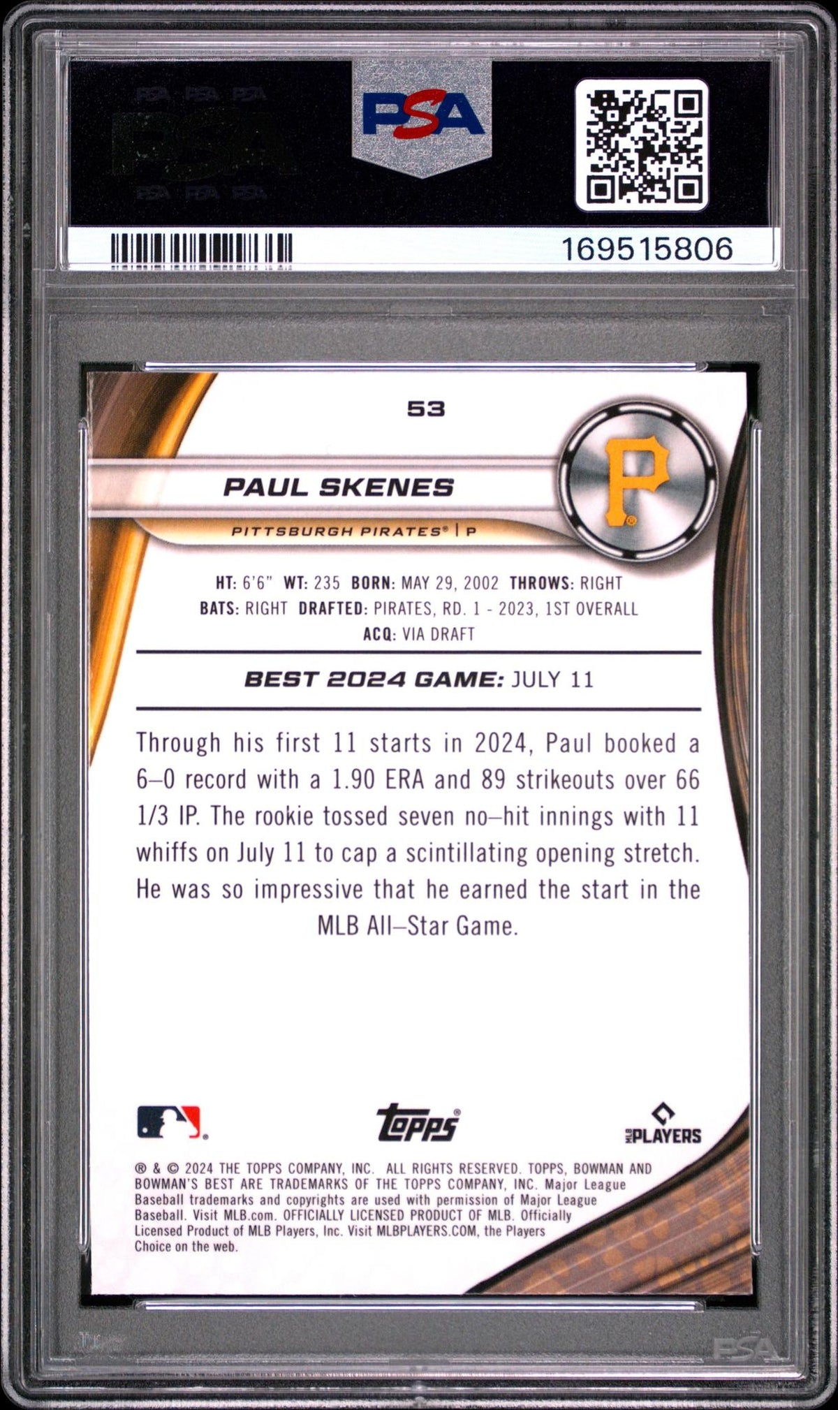 2024 BOWMAN'S BEST 53 PAUL SKENES AQUA LAVA PSA 10