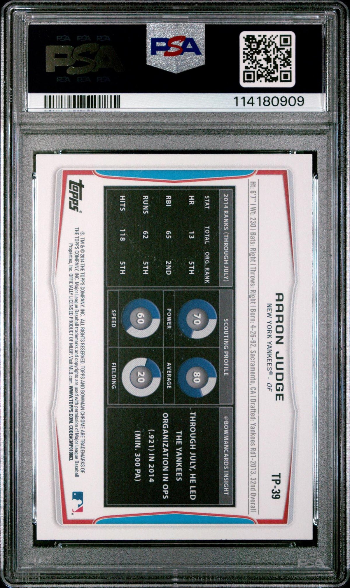 2014 BOWMAN DRAFT PICKS TOP PROSPECTS TP39 AARON JUDGE PSA 10