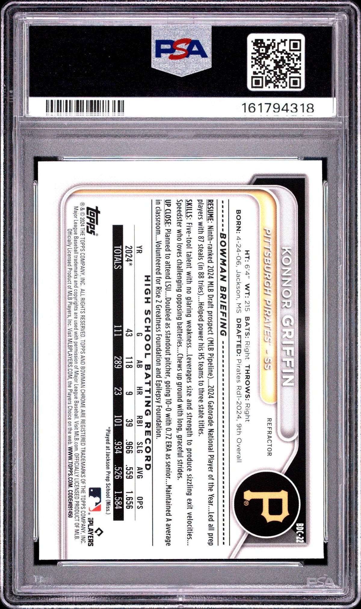2024 BOWMAN DRAFT BDC22 KONNOR GRIFFIN CHROME-REFRACTOR PSA 10