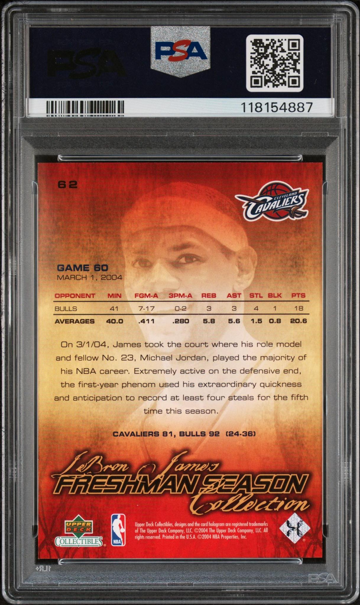 2023 Upper Deck Collectibles LeBron James #62 Freshman Season PSA 10