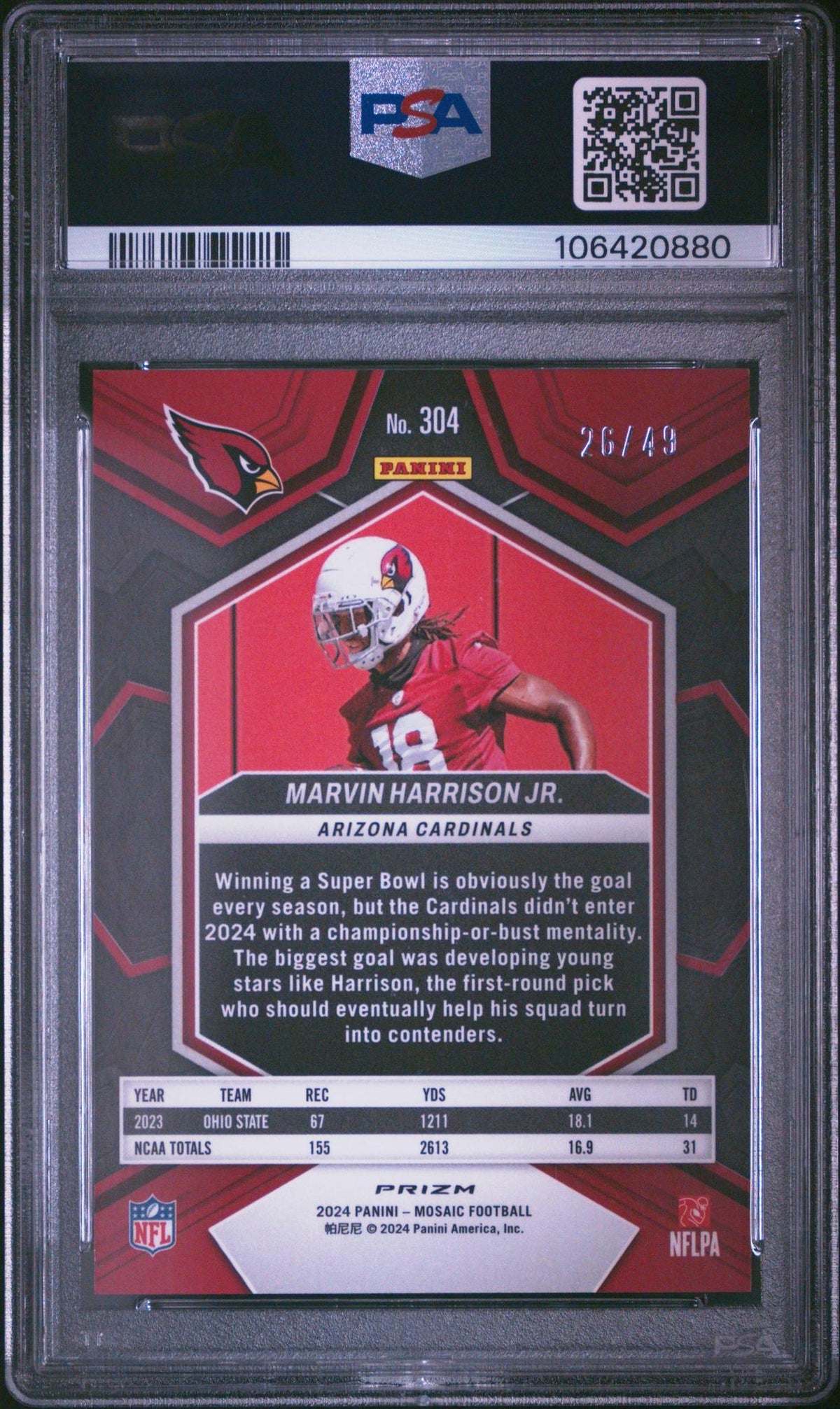 2024 PANINI MOSAIC 304 MARVIN HARRISON JR. PURPLE /49 PSA 10