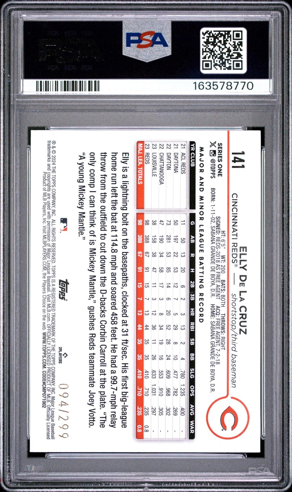 2024 TOPPS 141 ELLY DE LA CRUZ ORANGE CRACKLE FOIL BOARD PSA 10