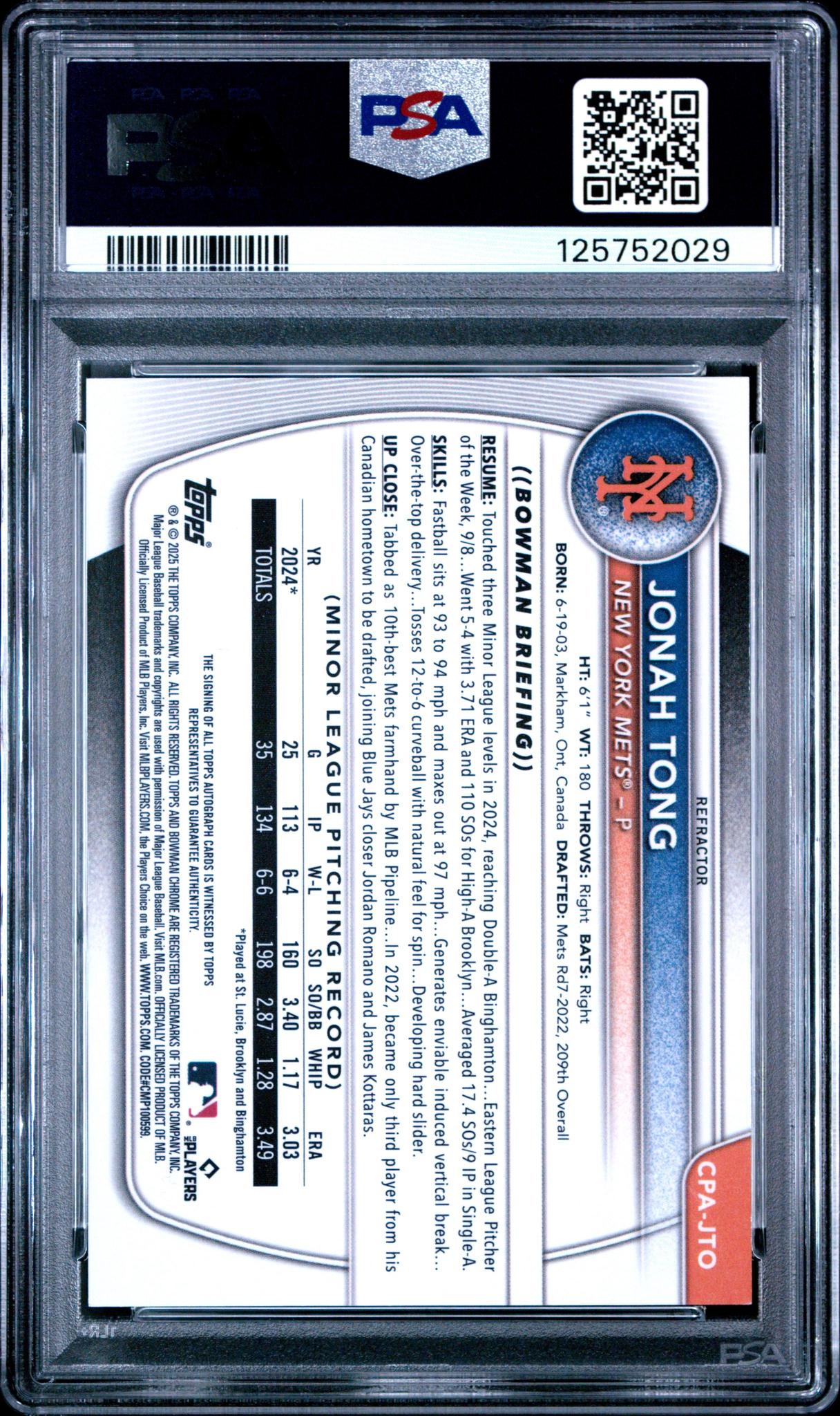 2025 Bowman Chrome Jonah Tong #CPA-JTO Autograph Refractor /499 PSA 10