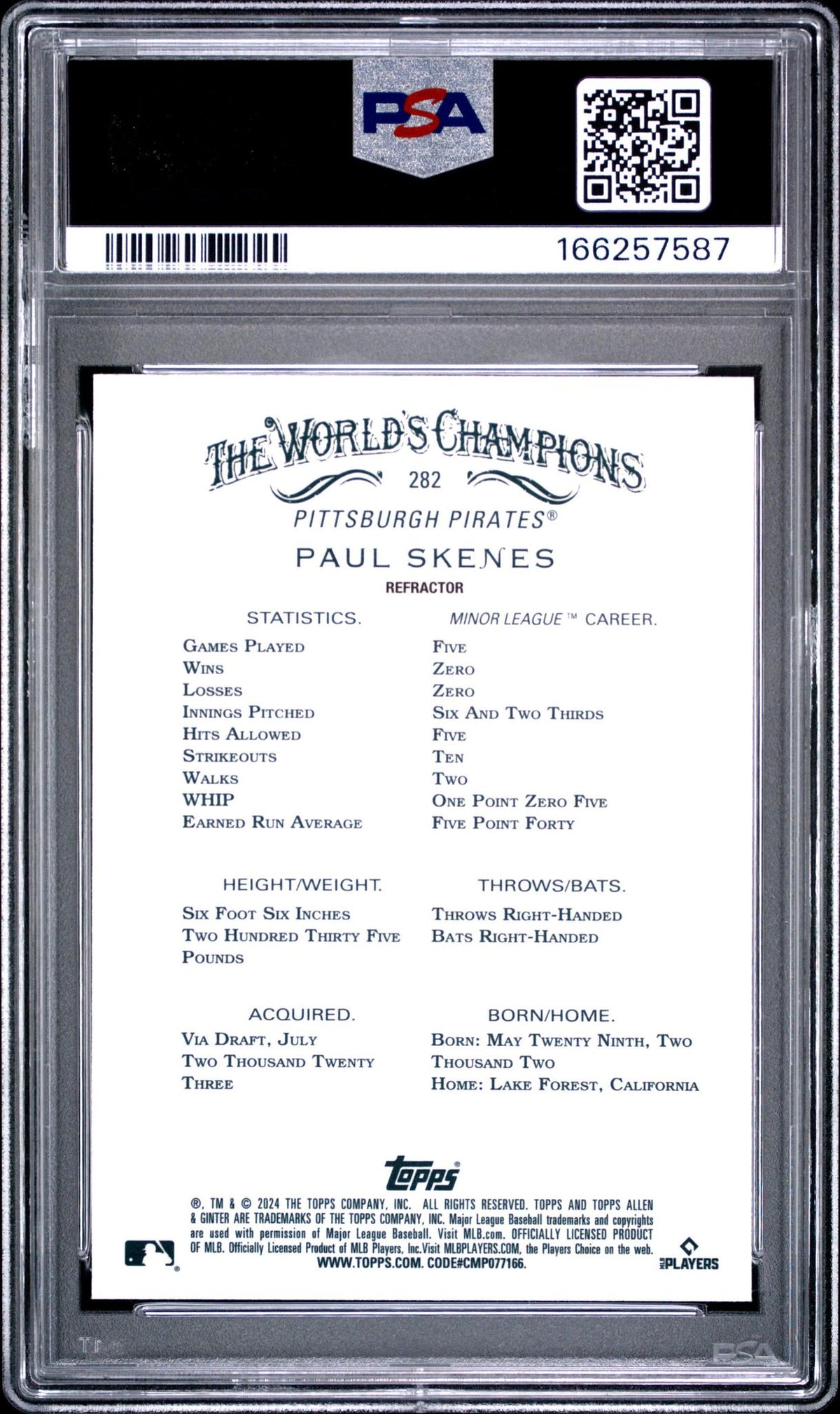 2024 TOPPS ALLEN & GINTER 282 PAUL SKENES CHROME-REFRACTOR PSA 10