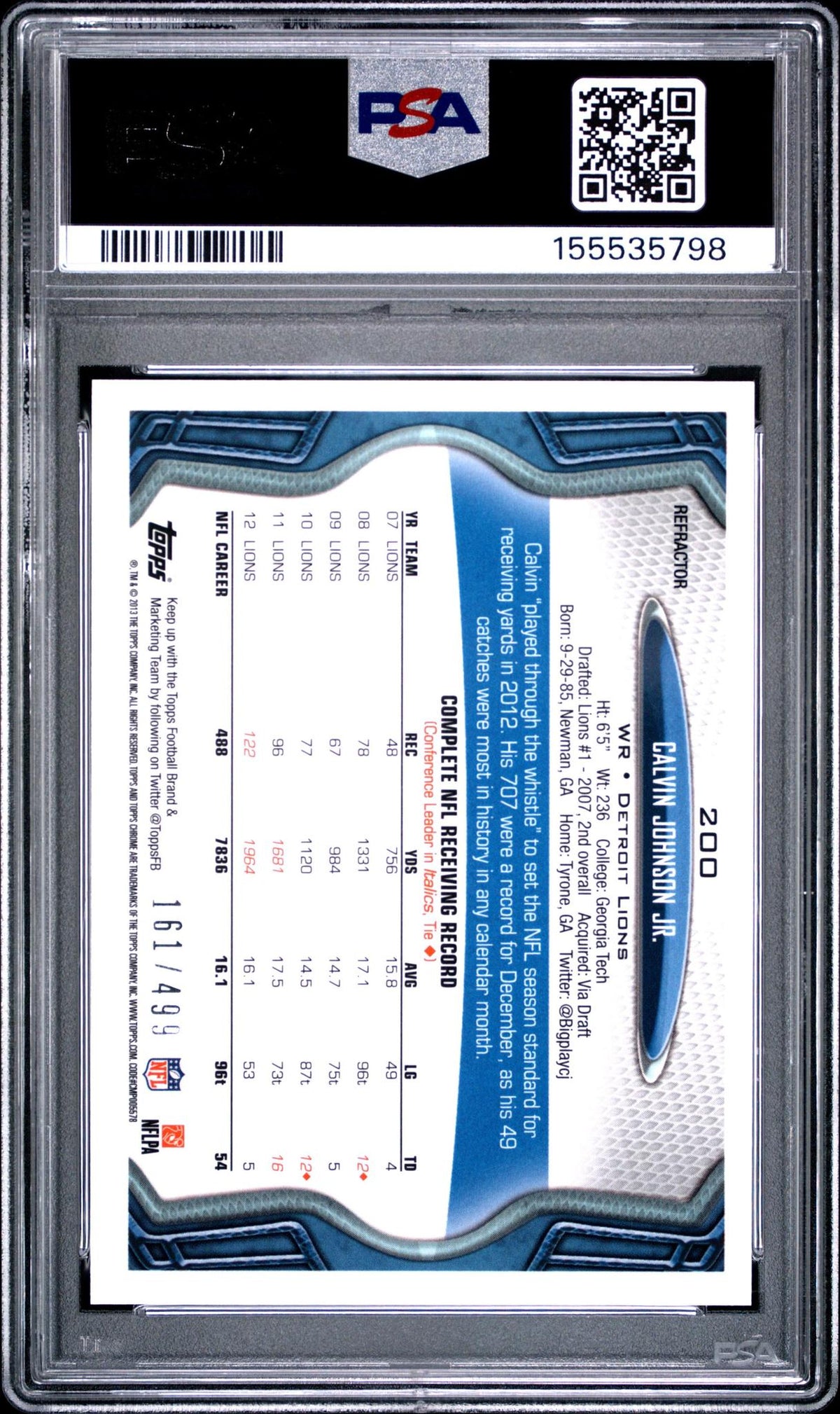 2013 TOPPS CHROME 200 CALVIN JOHNSON JR. CAMO REFRACTOR PSA 10