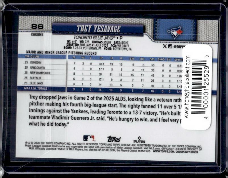 2026 Topps Chrome Trey Yesavage #86 Gold Wave Rookie /50