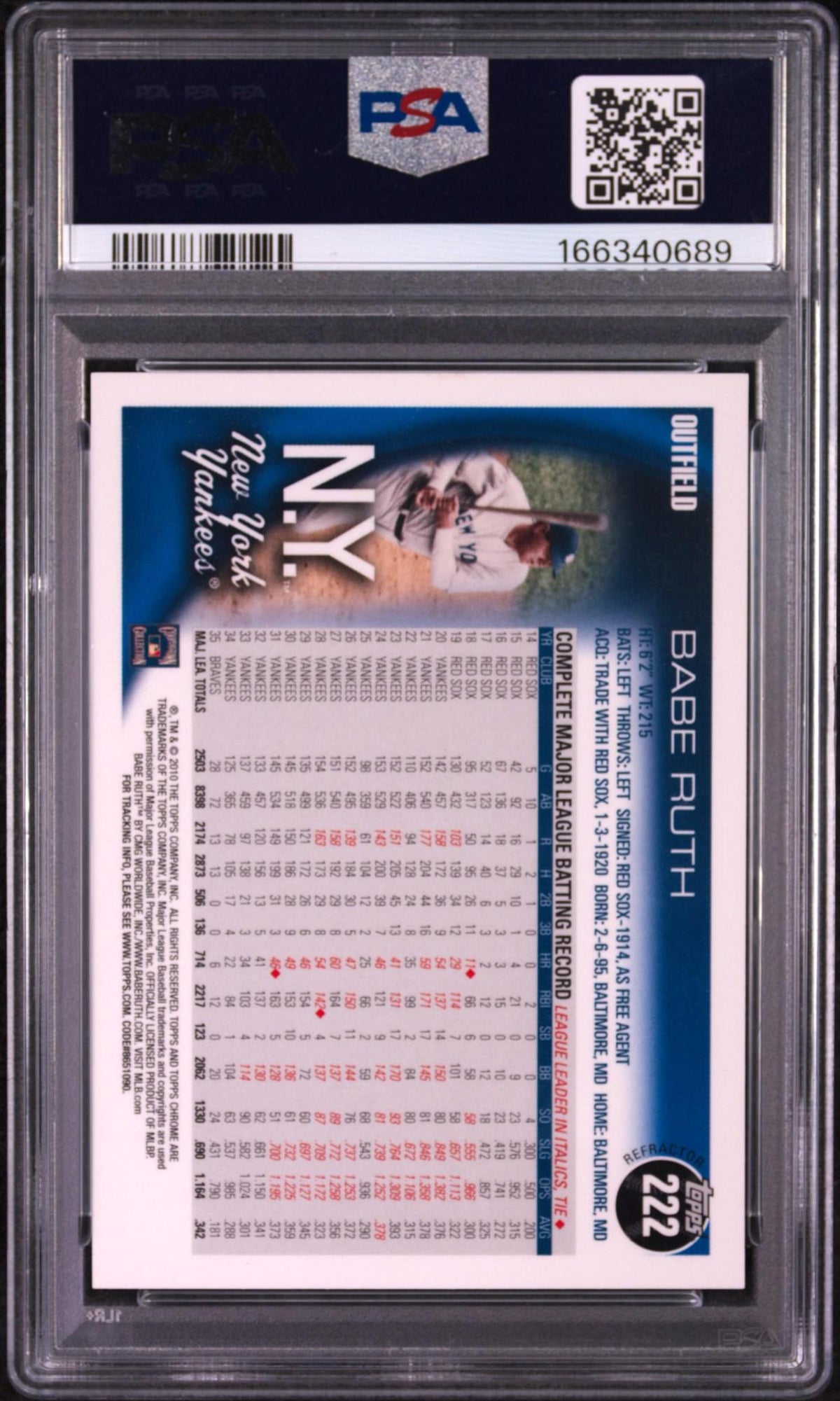 2010 TOPPS CHROME WRAPPER REDEMPTION 222 BABE RUTH REFRACTOR PSA 10