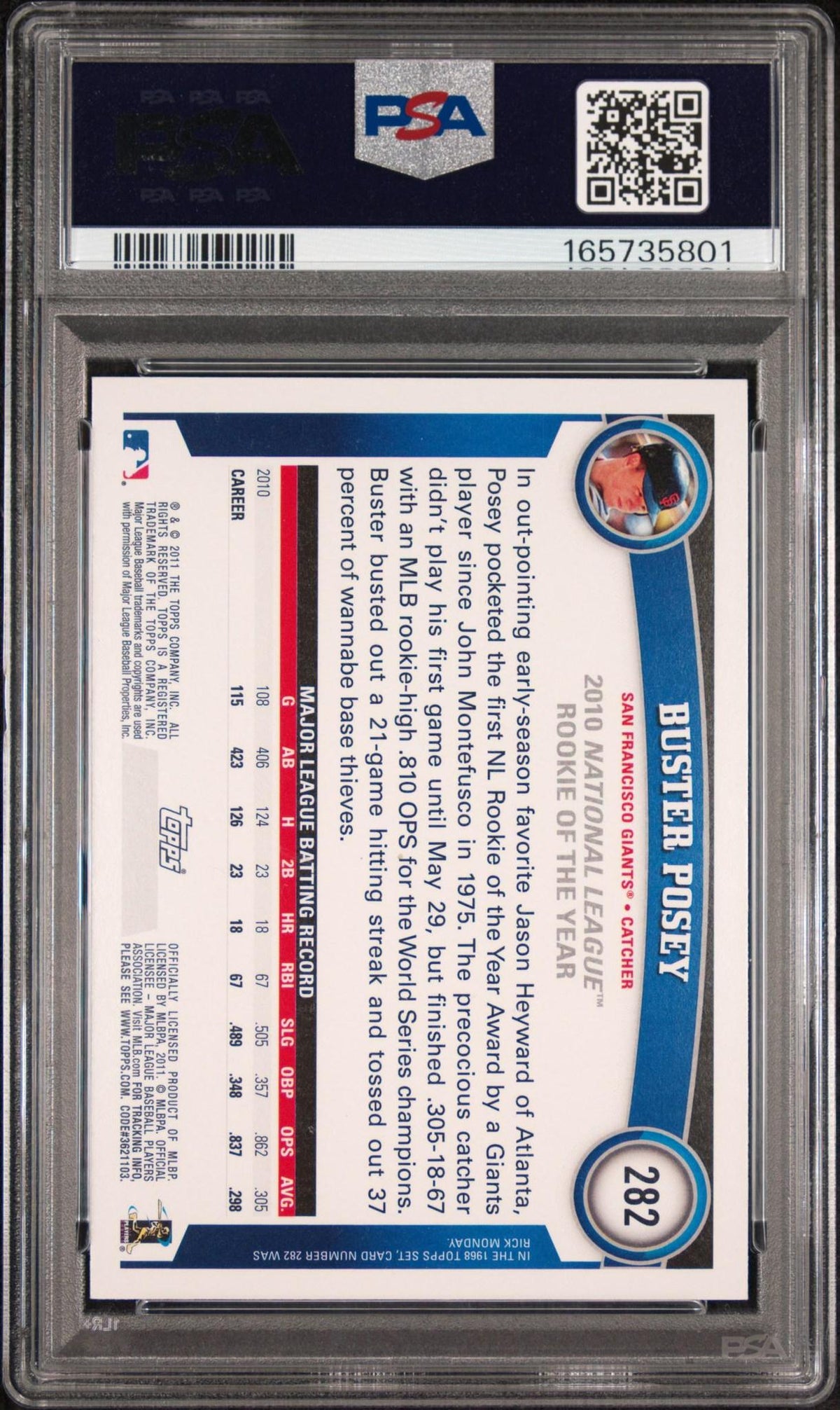 2011 TOPPS #282 BUSTER POSEY DIAMOND ANNIVERSARY PSA 10