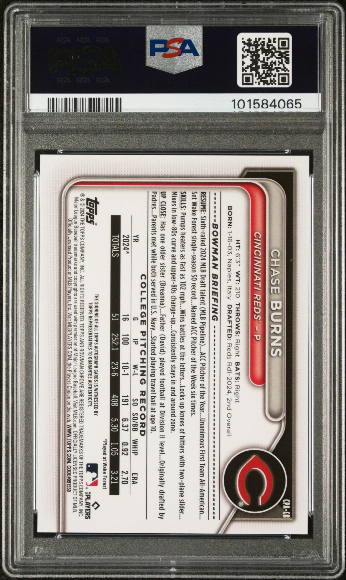 2024 BOWMAN DRAFT CHROME PROSPECT AUTOGRAPHS CPACB CHASE BURNS PSA 10