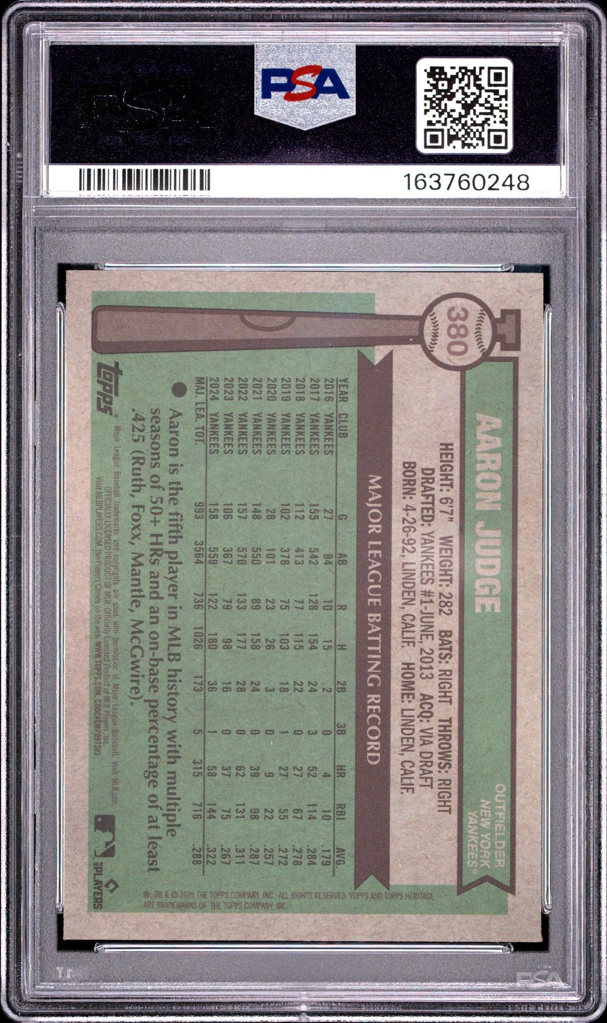 2025 TOPPS HERITAGE 380 AARON JUDGE CHROME-SILVER SPARKLE REFRACTOR PSA 10
