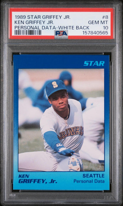 1989 STAR GRIFFEY JR. 8 KEN GRIFFEY JR. PERSONAL DATA-WHITE BACK PSA 10