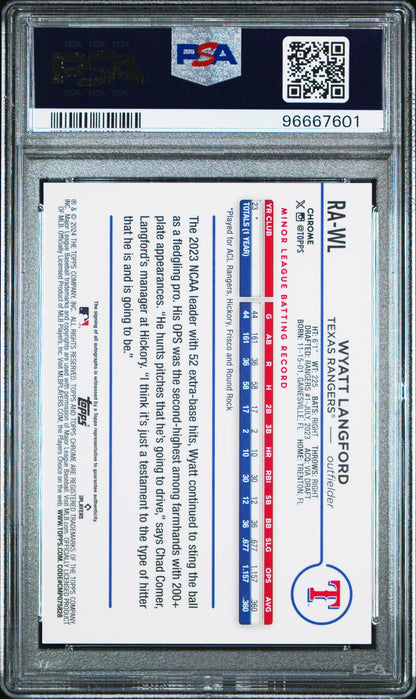 2024 Topps Chrome Rookie Autographs Rawl Wyatt Langford PSA 10