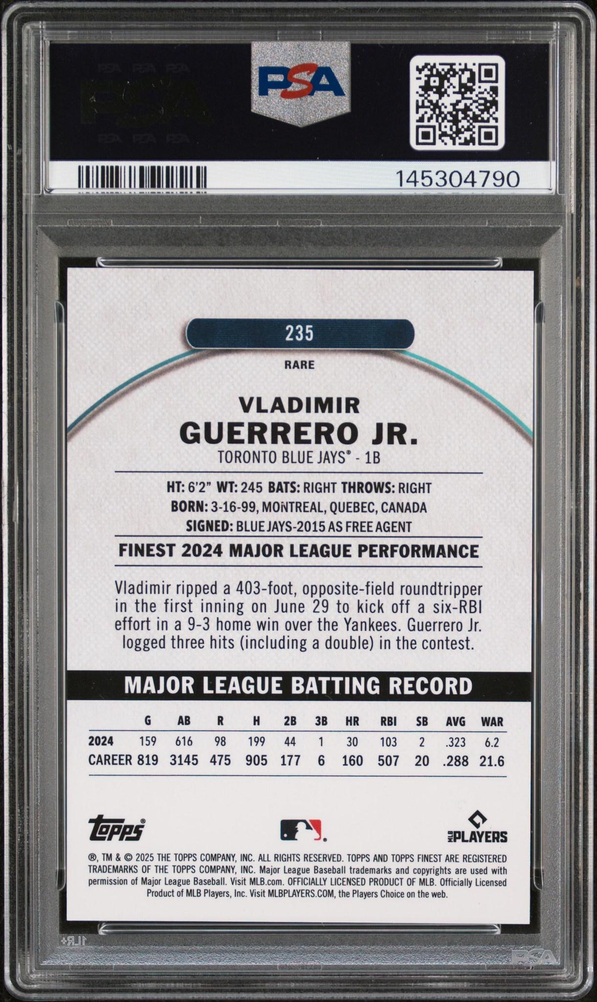 2025 Finest Vladimir Guerrero Jr. #235 Black Refractor /10 PSA 10