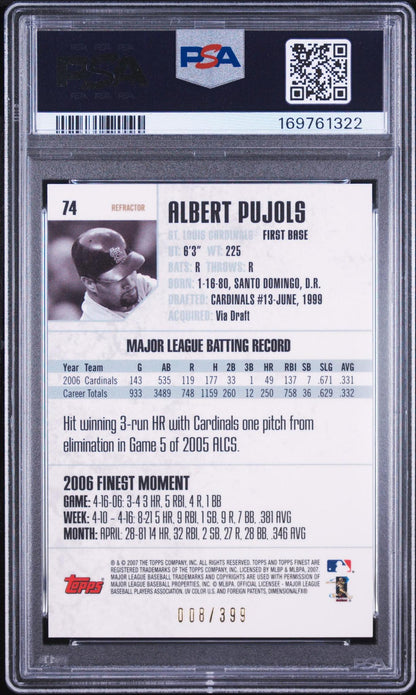 2007 FINEST 74 ALBERT PUJOLS BLUE REFRACTOR PSA 10