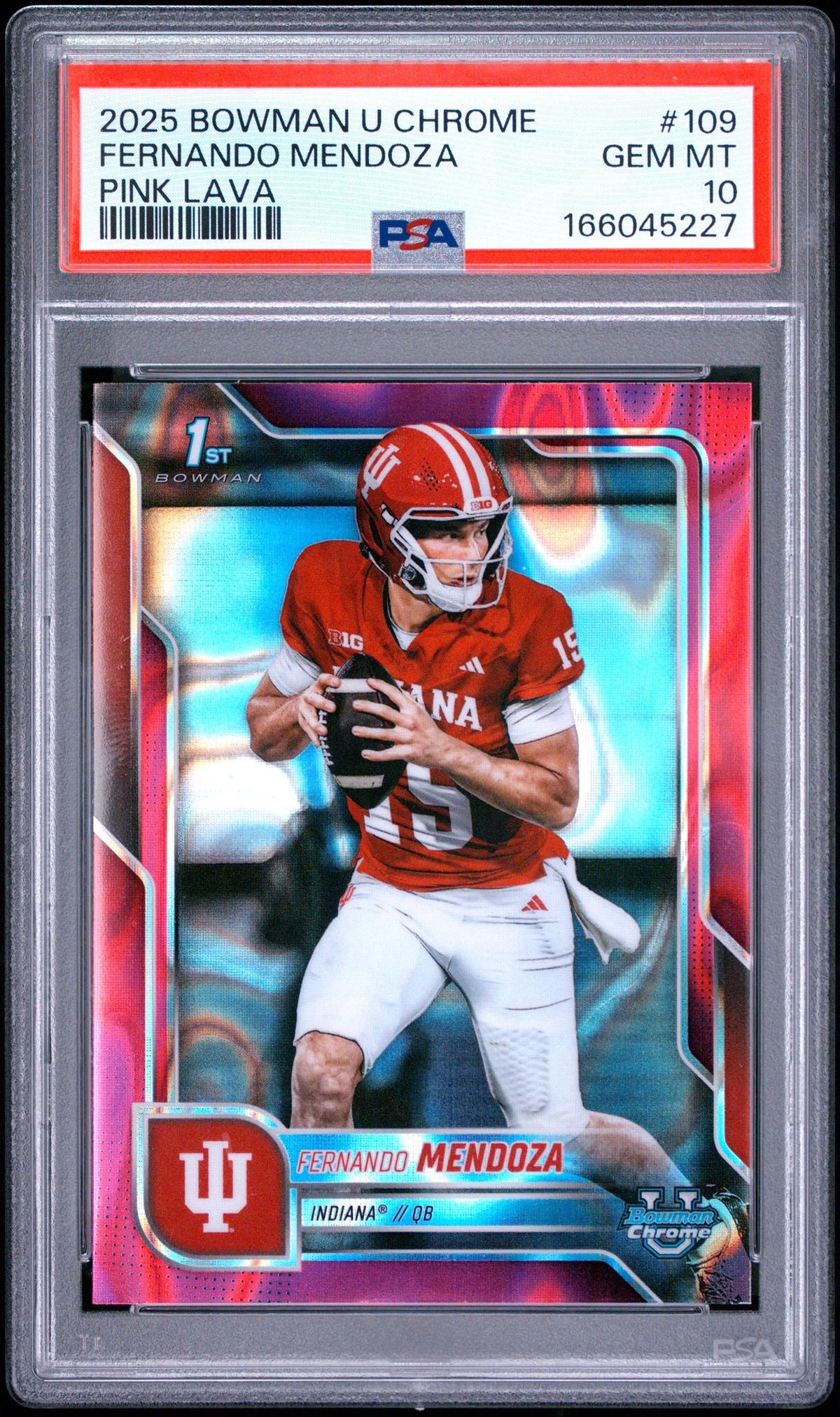 2025 BOWMAN UNIVERSITY CHROME 109 FERNANDO MENDOZA PINK LAVA PSA 10