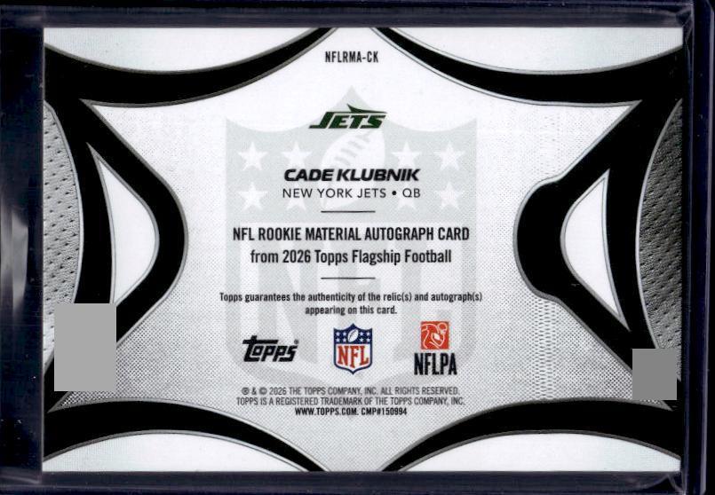 2026 Topps Flagship #NFLRMA-CK Cade Klubnik NFL Rookie Materials Autographs