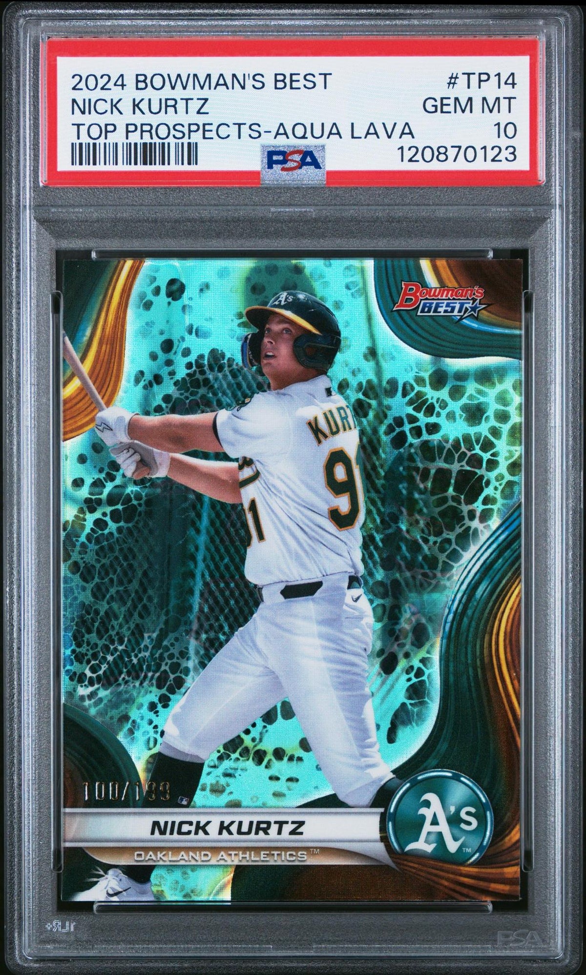 2024 BOWMAN'S BEST TOP PROSPECTS TP14 NICK KURTZ AQUA LAVA PSA 10