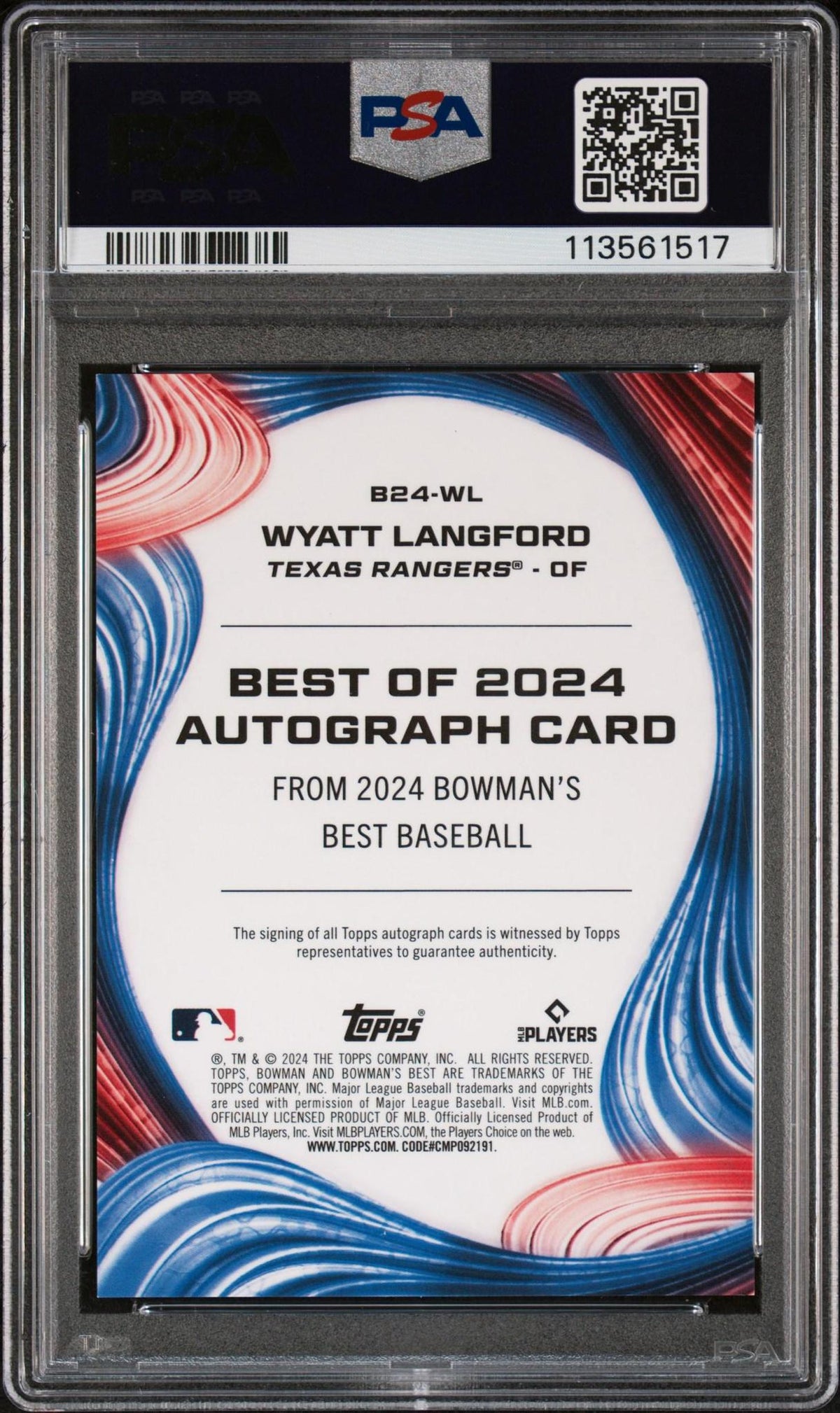 2024 BOWMAN'S BEST BEST OF 2024 AUTOGRAPHS B24WL WYATT LANGFORD BLUE REFRACTOR PSA 10