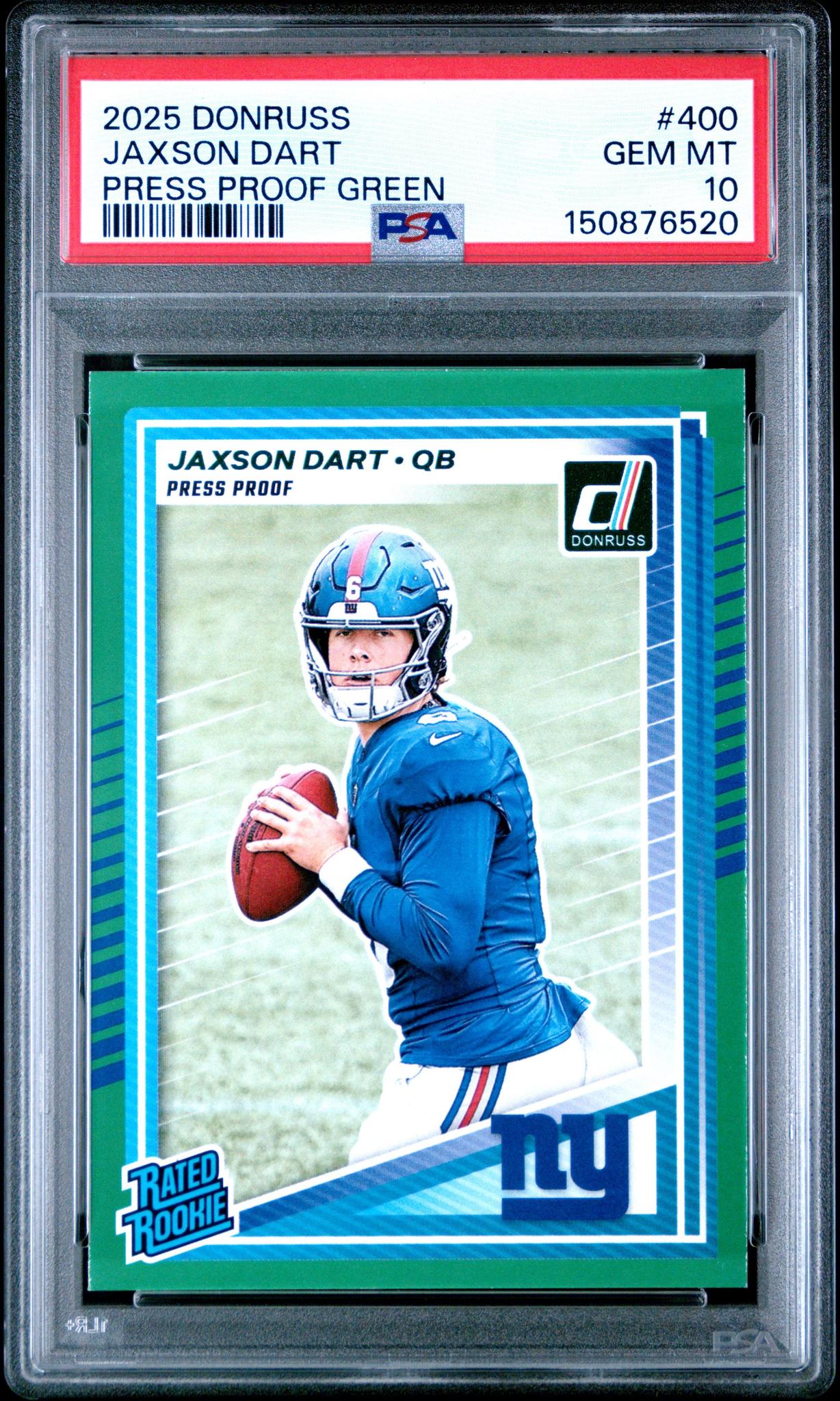 2025 Donruss Jaxson Dart #400 Press Proof Green PSA 10