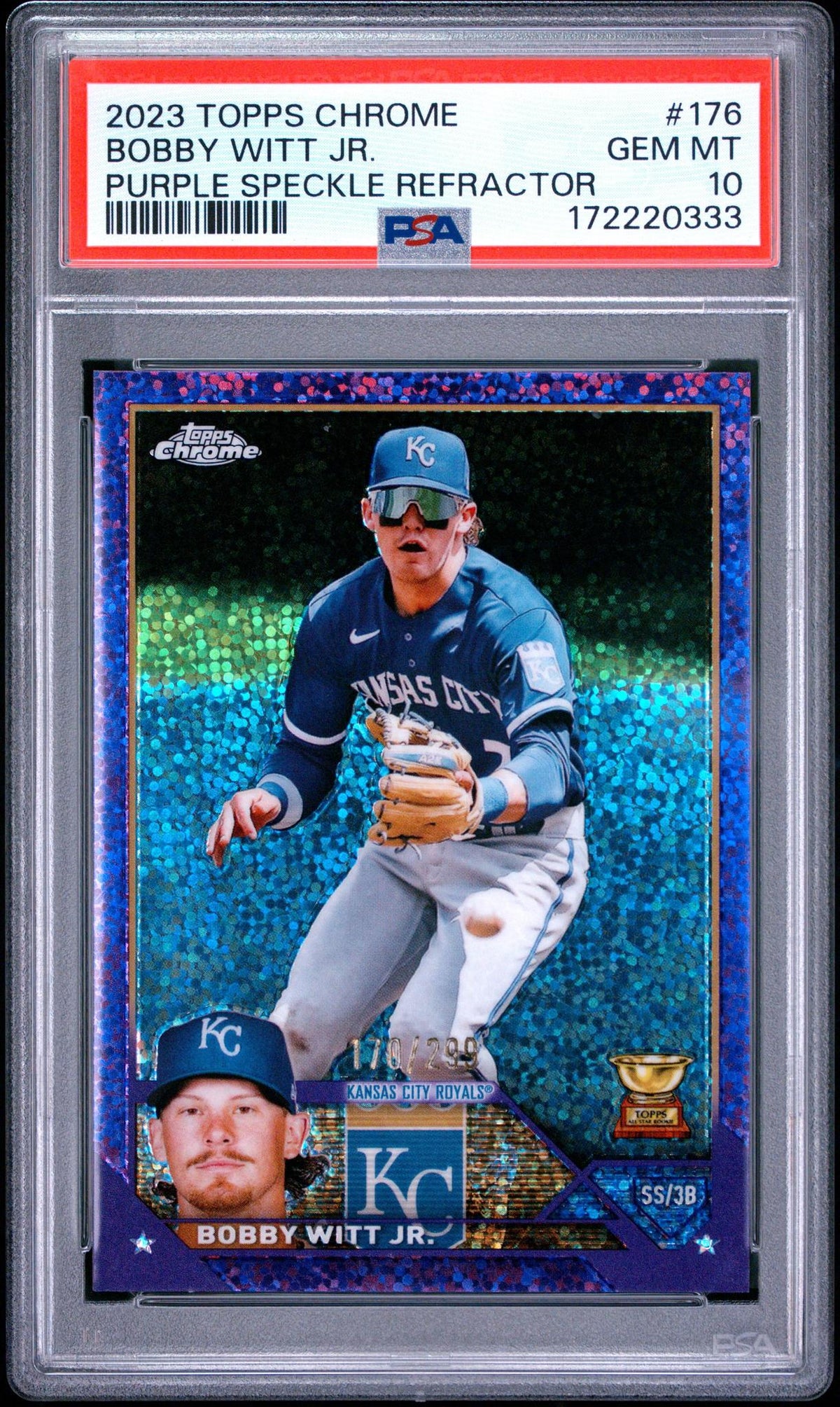 2023 TOPPS CHROME 176 BOBBY WITT JR. PURPLE SPECKLE REFRACTOR PSA 10