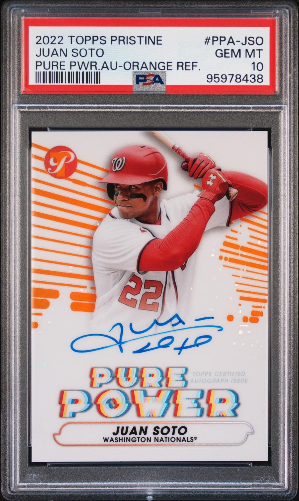 2022 TOPPS PRISTINE PURE POWER AUTOGRAPHS PPA-JSO JUAN SOTO ORANGE REFRACTOR PSA 10