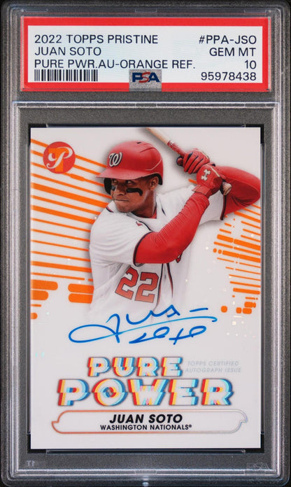 2022 TOPPS PRISTINE PURE POWER AUTOGRAPHS PPA-JSO JUAN SOTO ORANGE REFRACTOR PSA 10