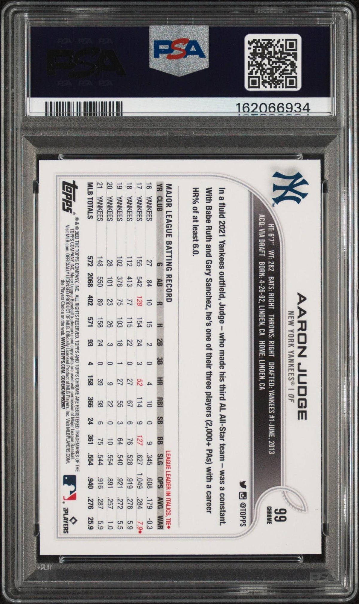 2022 TOPPS CHROME #99 AARON JUDGE X-FRACTOR PSA 10