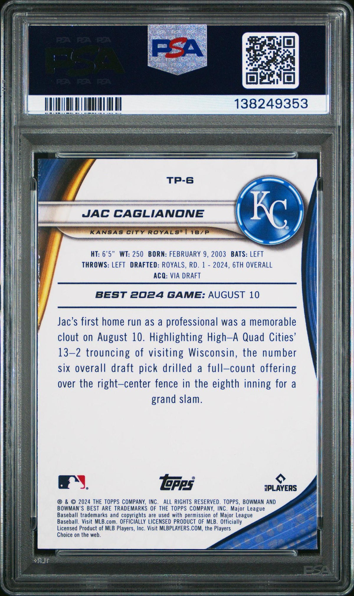 2024 BOWMAN'S BEST TOP PROSPECTS #TP6 JAC CAGLIANONE PSA 10