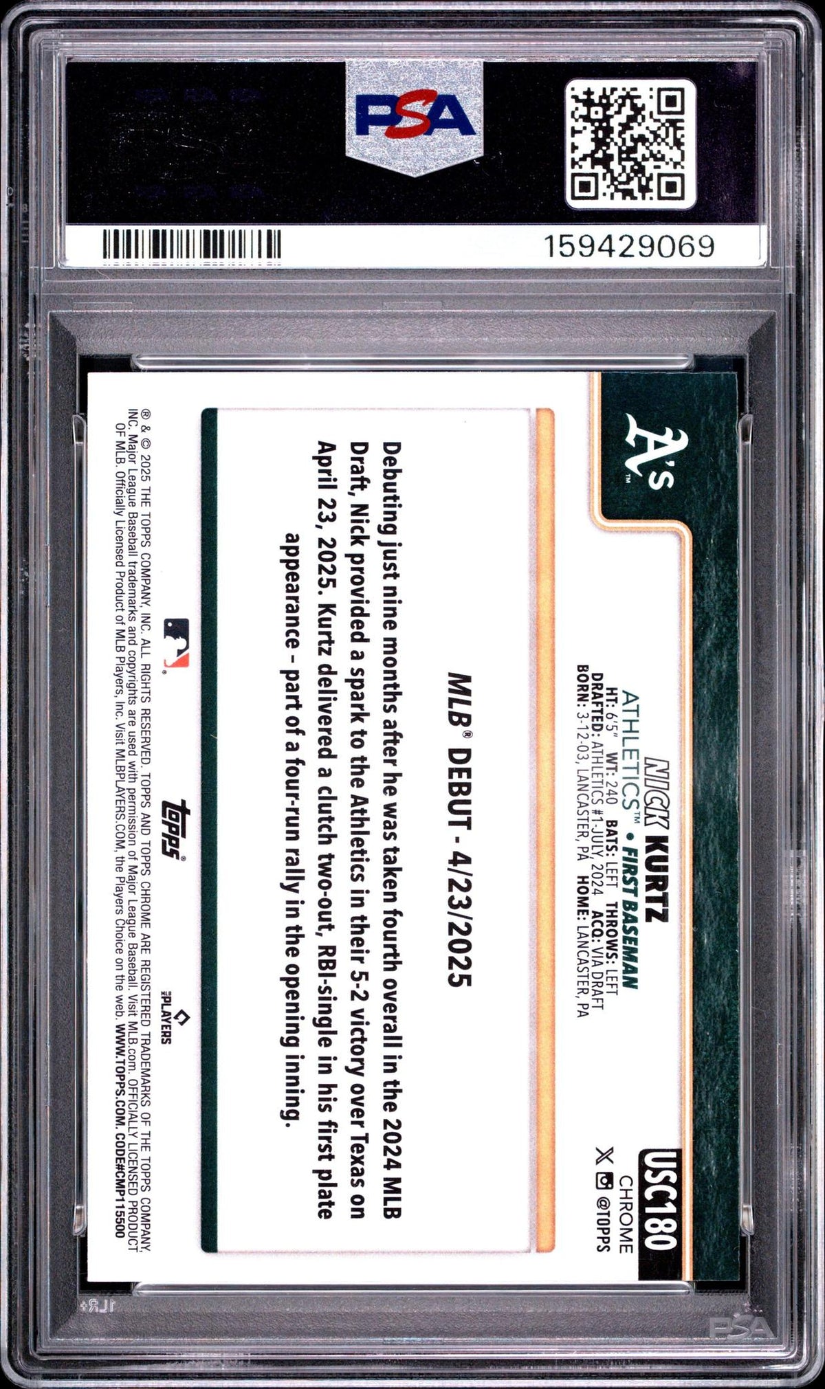 2025 TOPPS CHROME UPDATE 180 NICK KURTZ GREEN LAVA PSA 10