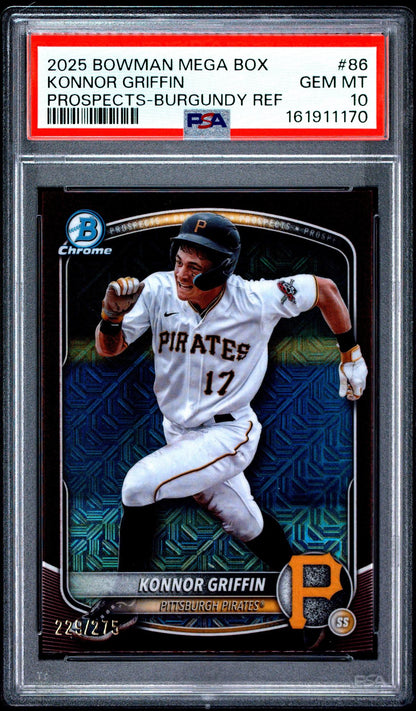 2025 BOWMAN MEGA BOX CHROME PROSPECTS 86 KONNOR GRIFFIN BURGUNDY REFRACTOR PSA 10