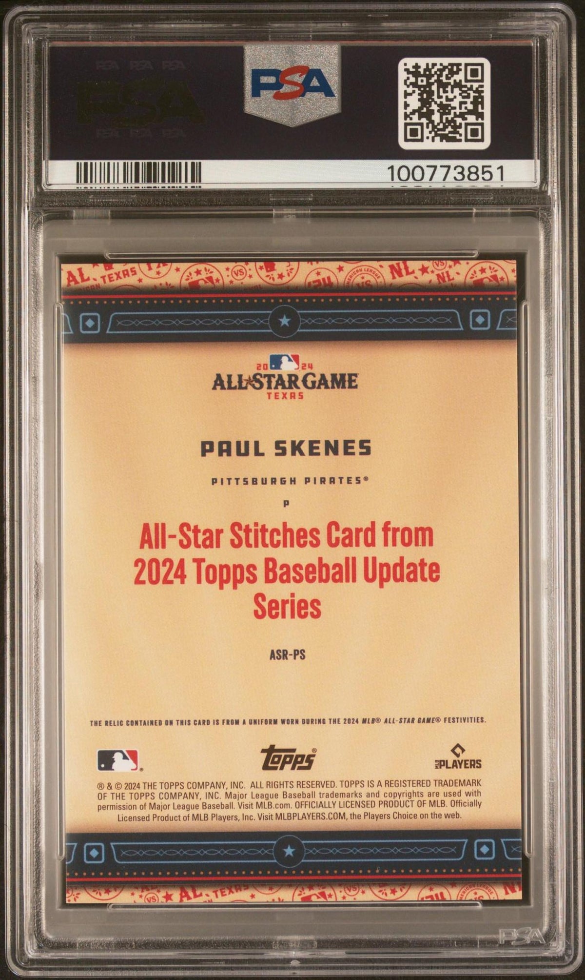 2024 TOPPS UPDATE ALL-STAR STITCHES RELICS ASRPS PAUL SKENES PSA 10
