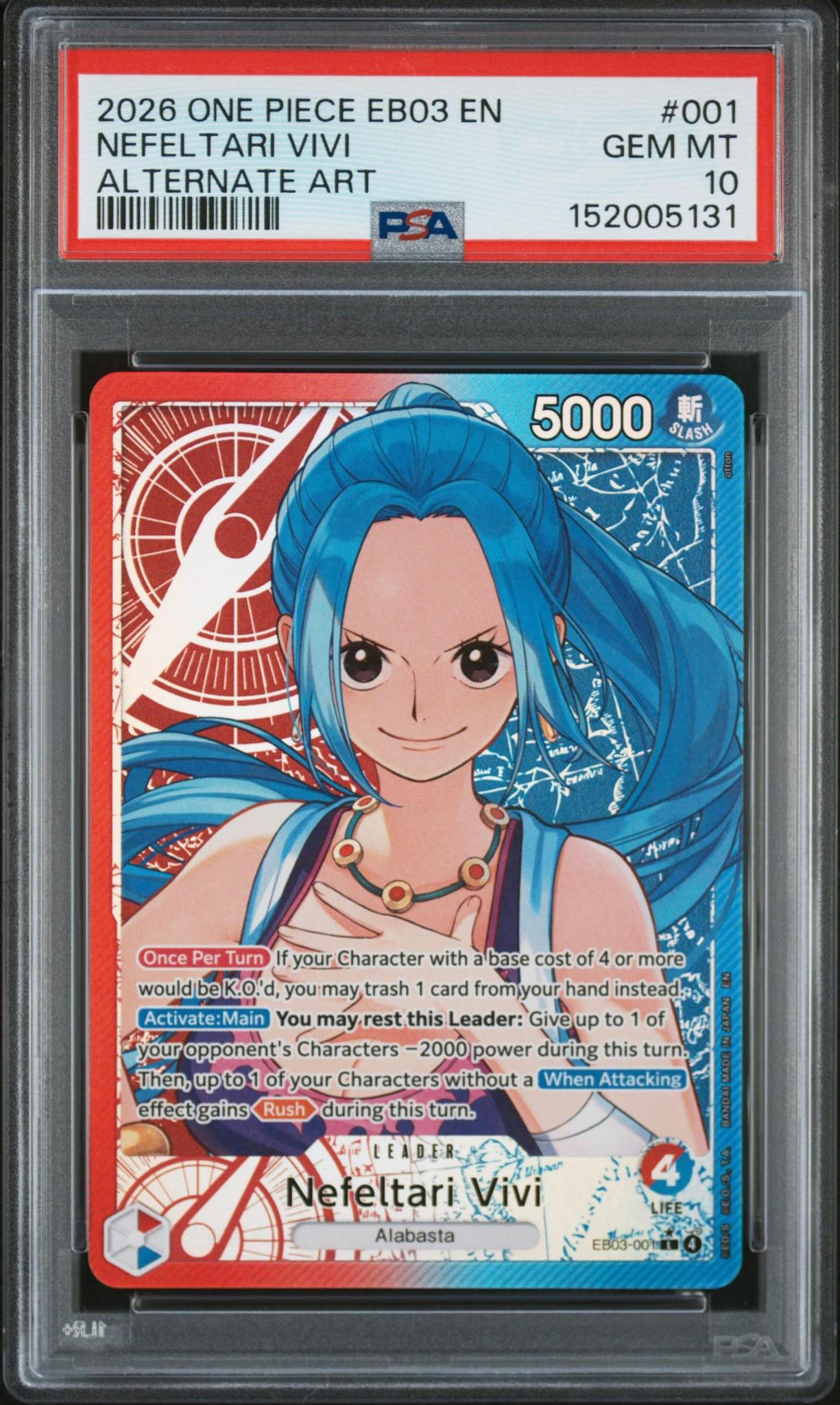2026 One Piece EB03 Nefeltari Vivi #001 Alternate Art PSA 10
