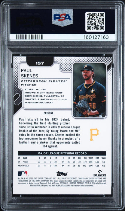 2025 TOPPS PRISTINE 157 PAUL SKENES AQUA /199 PSA 10