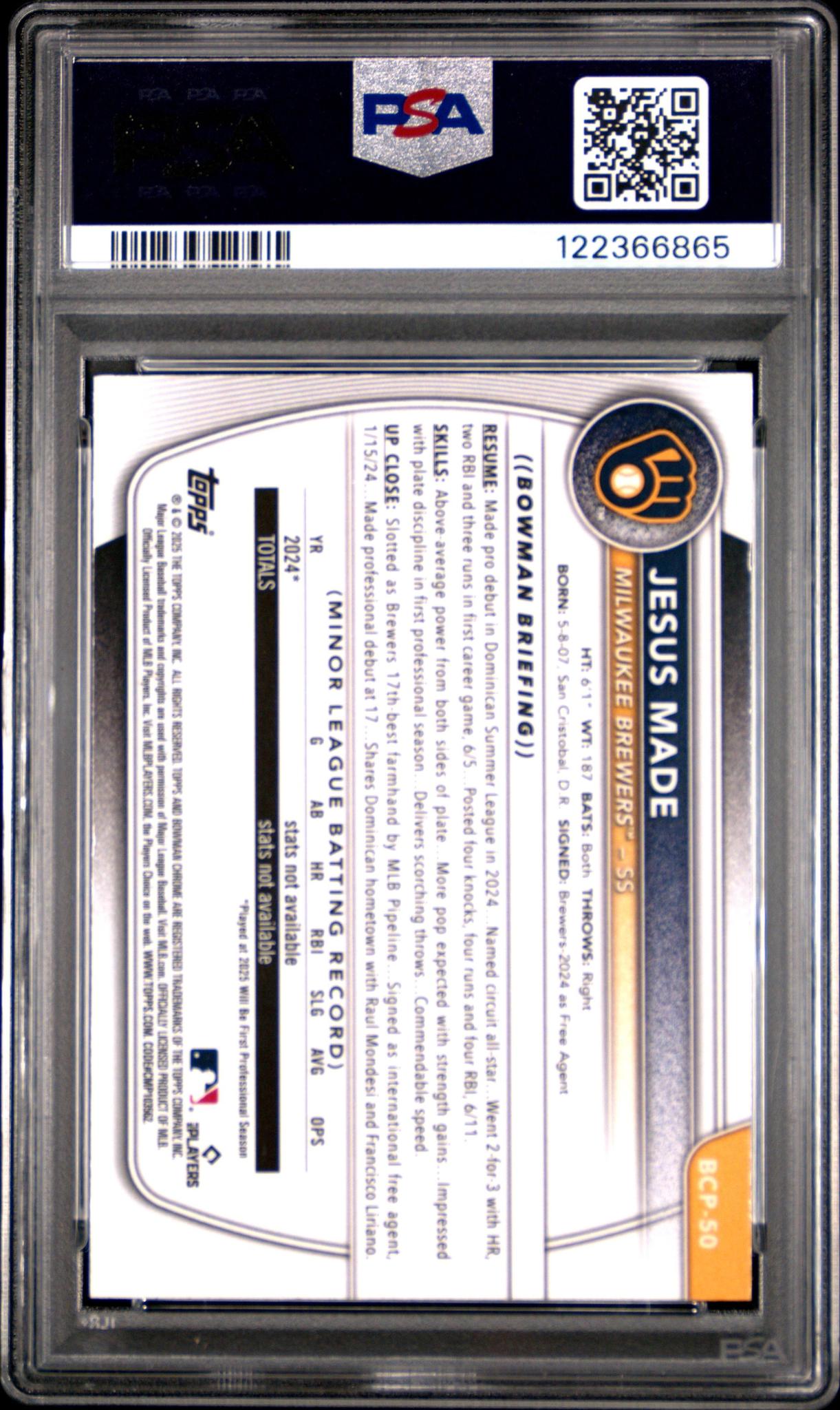2025 Bowman Mega Jesus Made #50 Prospects Mojo PSA 10