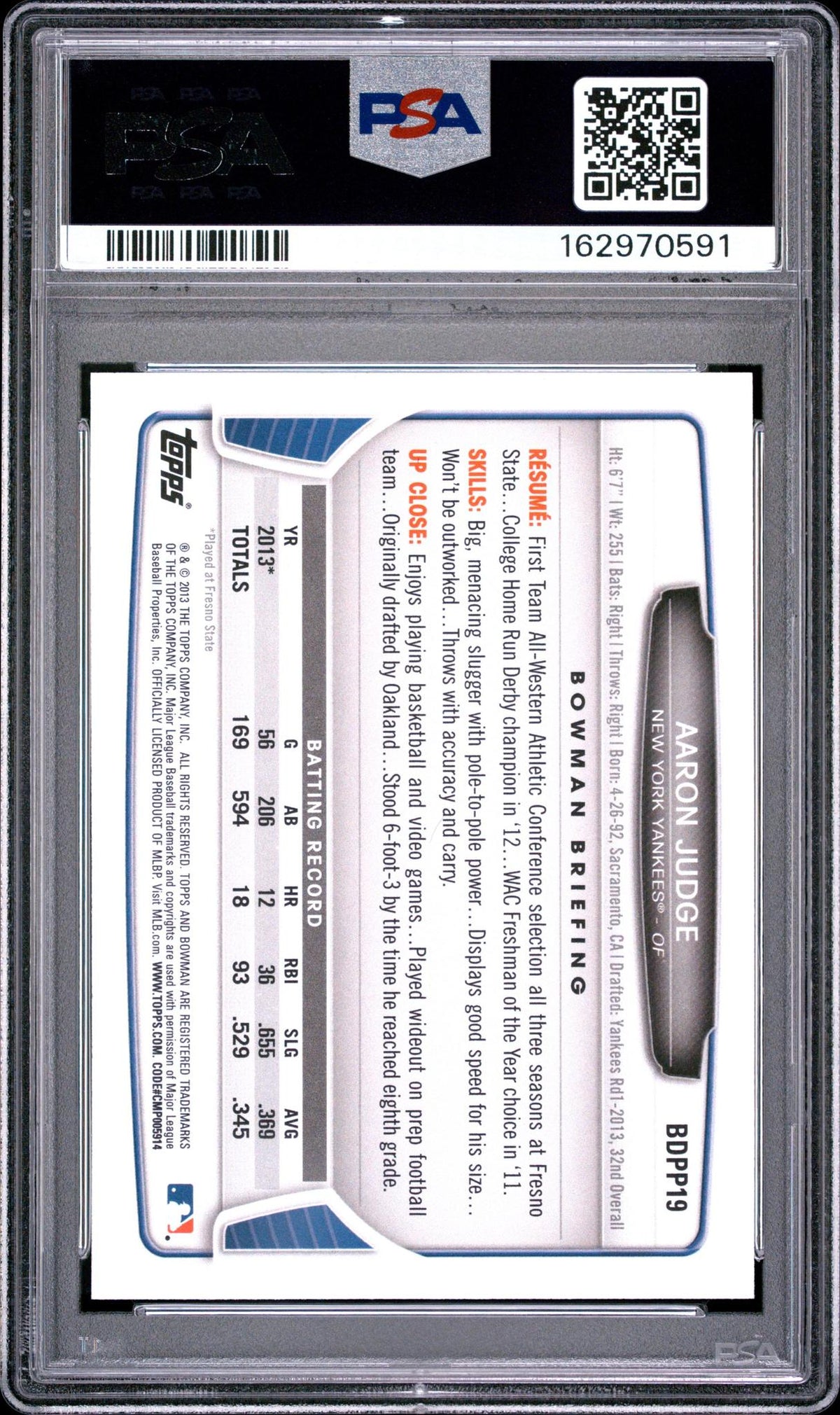 2013 BOWMAN DRAFT PICKS & PROSPECTS BDPP19 AARON JUDGE PSA 10