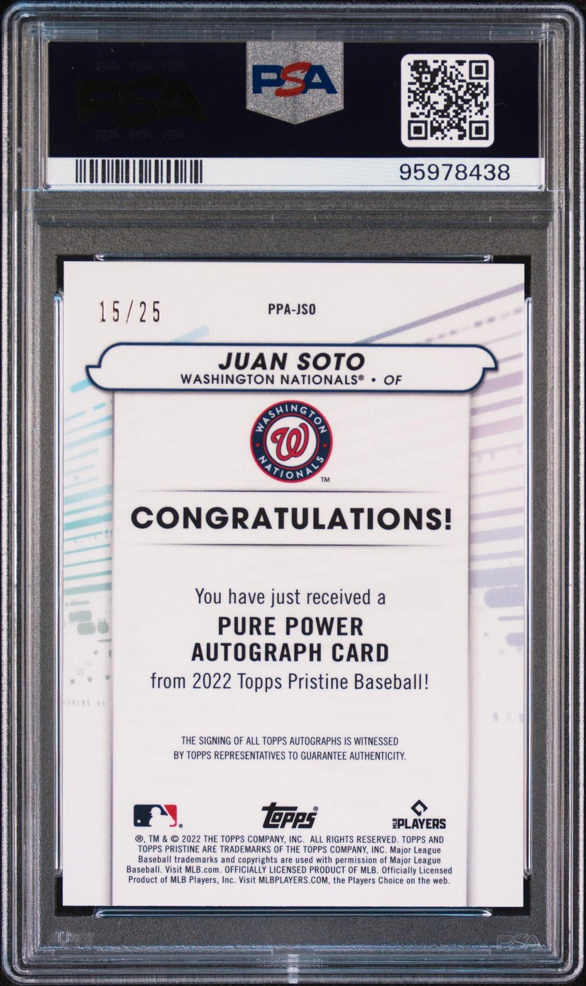 2022 TOPPS PRISTINE PURE POWER AUTOGRAPHS PPA-JSO JUAN SOTO ORANGE REFRACTOR PSA 10
