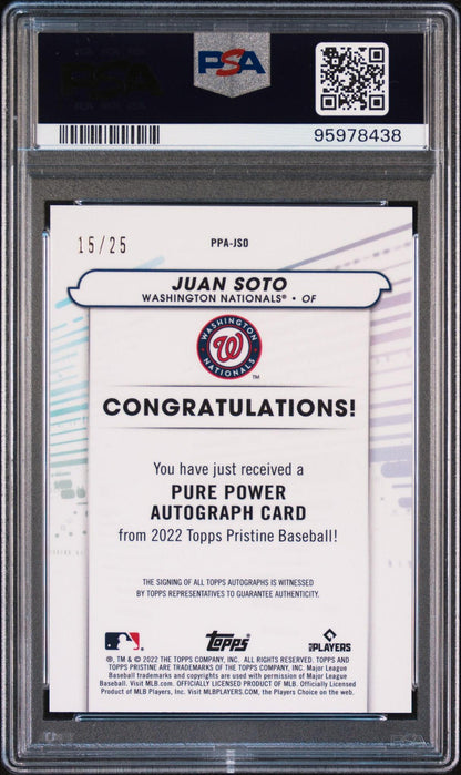 2022 TOPPS PRISTINE PURE POWER AUTOGRAPHS PPA-JSO JUAN SOTO ORANGE REFRACTOR PSA 10