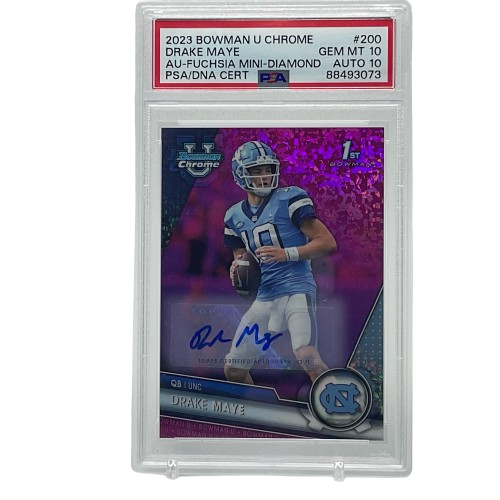 2023 Bowman Chrome University Drake Maye #200 Autograph Fuchsia Mini Diamond /150 PSA 10