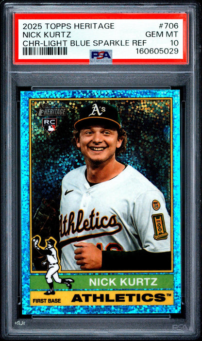 2025 TOPPS HERITAGE 706 NICK KURTZ CHROME-LIGHT BLUE SPARKLE REFRACTOR PSA 10