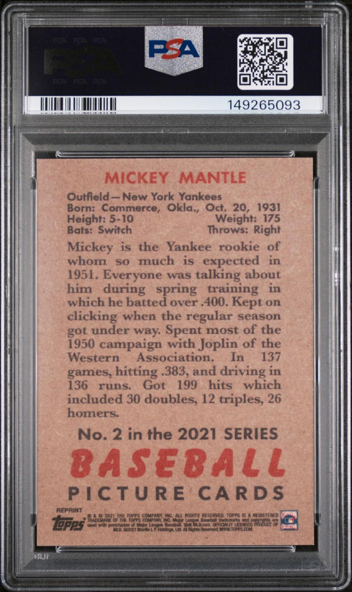 2021 TOPPS X MICKEY MANTLE COLLECTION 2 MICKEY MANTLE PSA 10