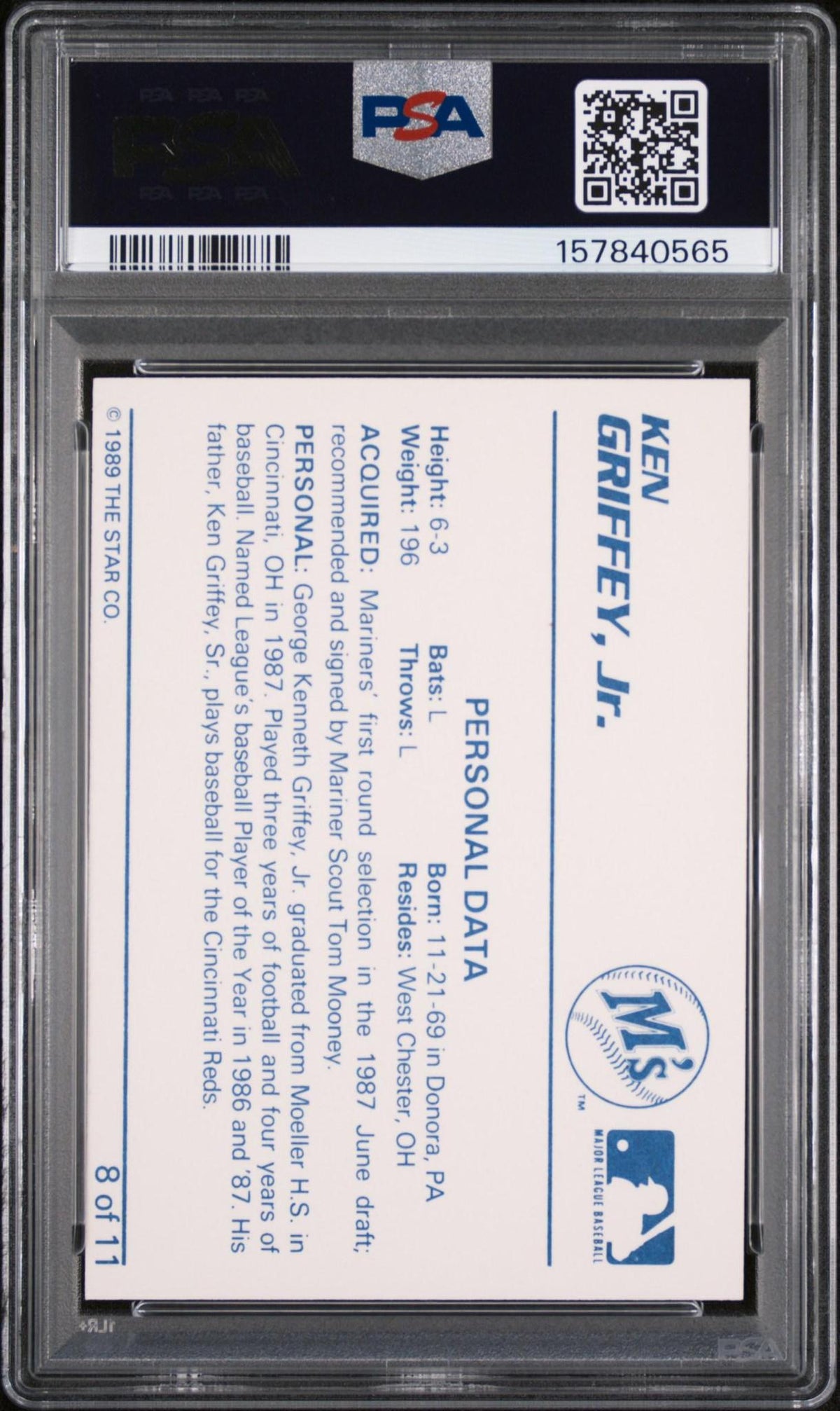 1989 STAR GRIFFEY JR. 8 KEN GRIFFEY JR. PERSONAL DATA-WHITE BACK PSA 10